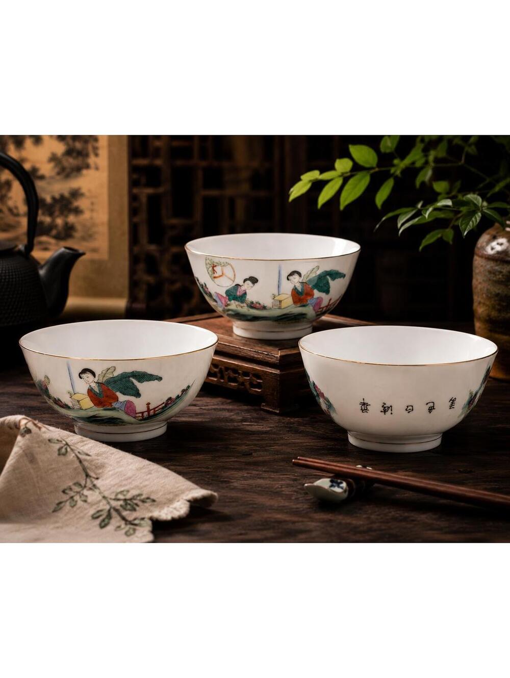 3 Vintage Jingdezhen Chinese Porcelain Rice Bowls Mid Century Chinese Export